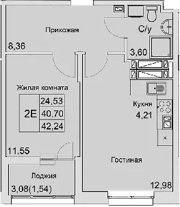 Планировка — Булгаков, 2-комн., 41 м²