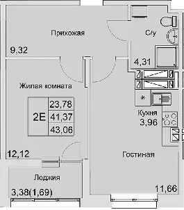 Планировка — Булгаков, 2-комн., 41 м²