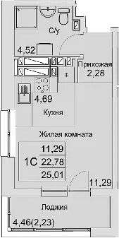 Планировка — Булгаков, Студия, 23 м²