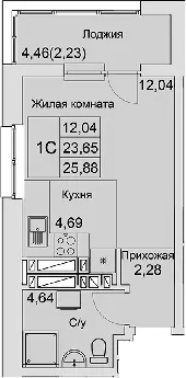 Планировка — Булгаков, Студия, 24 м²