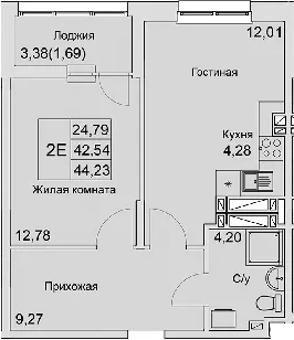 Планировка — Булгаков, 2-комн., 43 м²