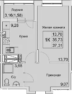 Планировка — Булгаков, 1-комн., 36 м²