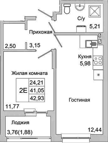 Планировка — Булгаков, 2-комн., 41 м²