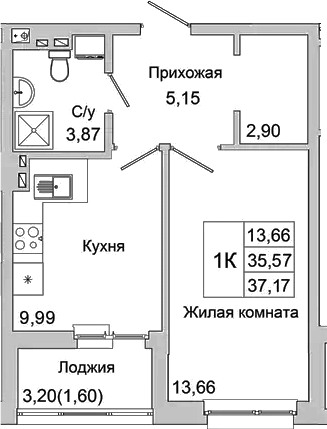 Планировка — Булгаков, 1-комн., 36 м²
