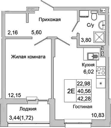 Планировка — Булгаков, 2-комн., 41 м²
