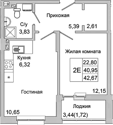 Планировка — Булгаков, 2-комн., 41 м²