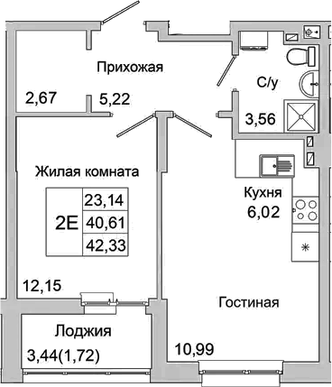 Планировка — Булгаков, 2-комн., 41 м²