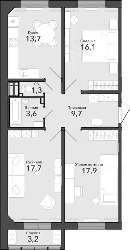 Планировка — Чистая Слобода, 3-комн., 80 м²