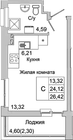 Планировка — Булгаков, Студия, 24 м²