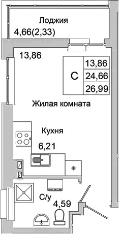 Планировка — Булгаков, Студия, 25 м²