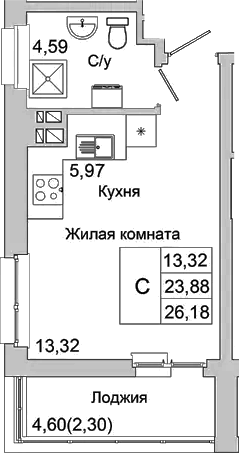 Планировка — Булгаков, Студия, 24 м²