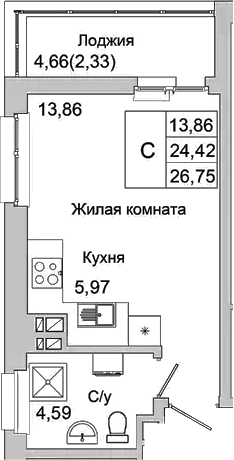 Планировка — Булгаков, Студия, 24 м²