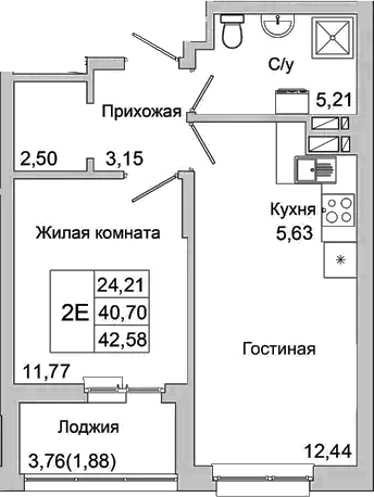 Планировка — Булгаков, 2-комн., 41 м²