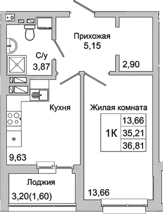 Планировка — Булгаков, 1-комн., 35 м²