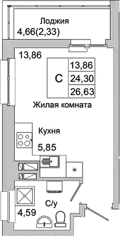 Планировка — Булгаков, Студия, 24 м²