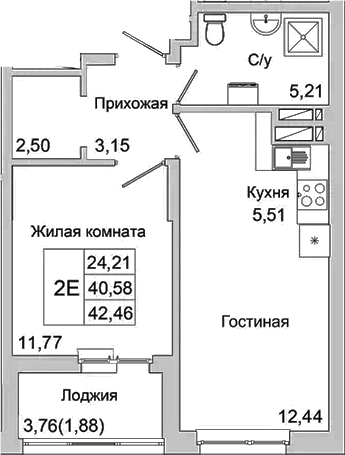 Планировка — Булгаков, 2-комн., 41 м²