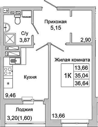 Планировка — Булгаков, 1-комн., 35 м²