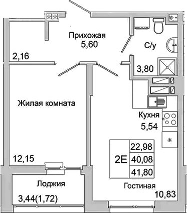 Планировка — Булгаков, 2-комн., 40 м²
