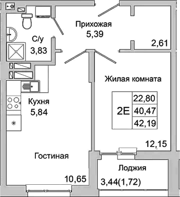 Планировка — Булгаков, 2-комн., 40 м²