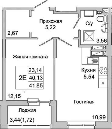 Планировка — Булгаков, 2-комн., 40 м²