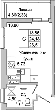 Планировка — Булгаков, Студия, 24 м²