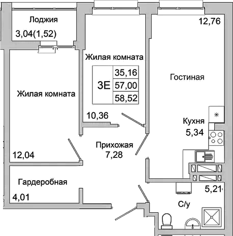Планировка — Булгаков, 3-комн., 57 м²