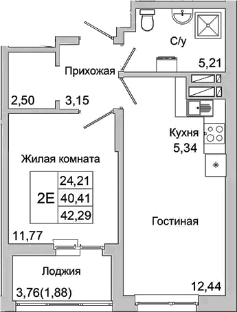 Планировка — Булгаков, 2-комн., 40 м²