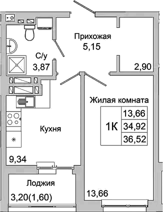 Планировка — Булгаков, 1-комн., 35 м²
