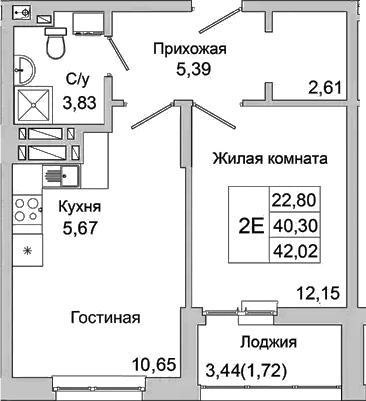 Планировка — Булгаков, 2-комн., 40 м²