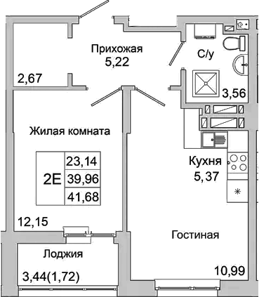 Планировка — Булгаков, 2-комн., 40 м²