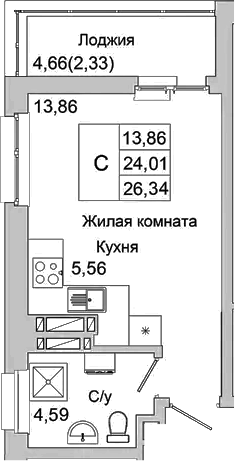 Планировка — Булгаков, Студия, 24 м²