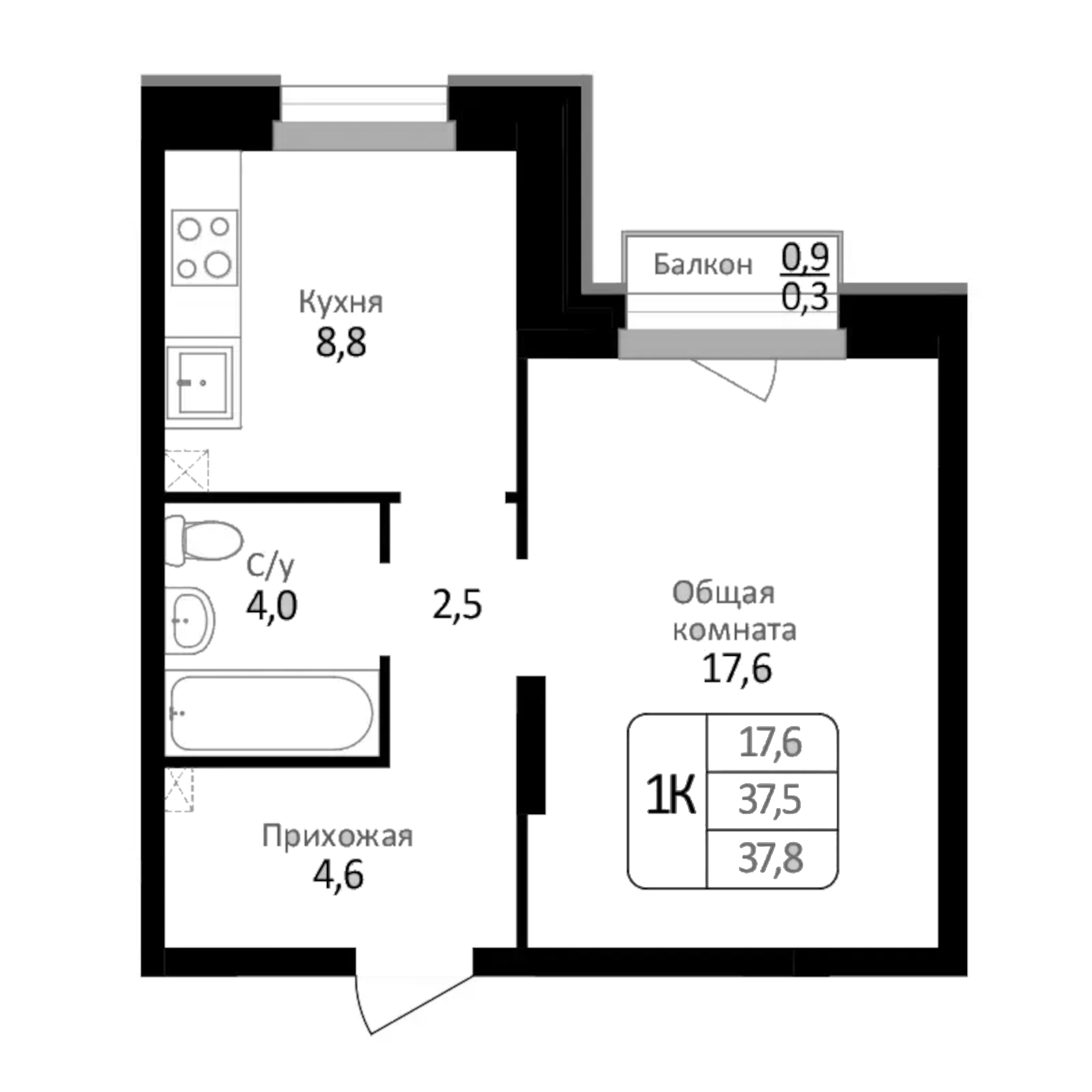 Планировка — Первомайский, 1-комн., 38 м²