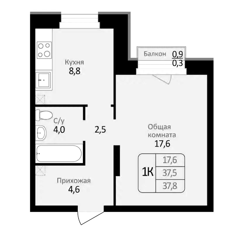 Планировка — Первомайский, 1-комн., 38 м²