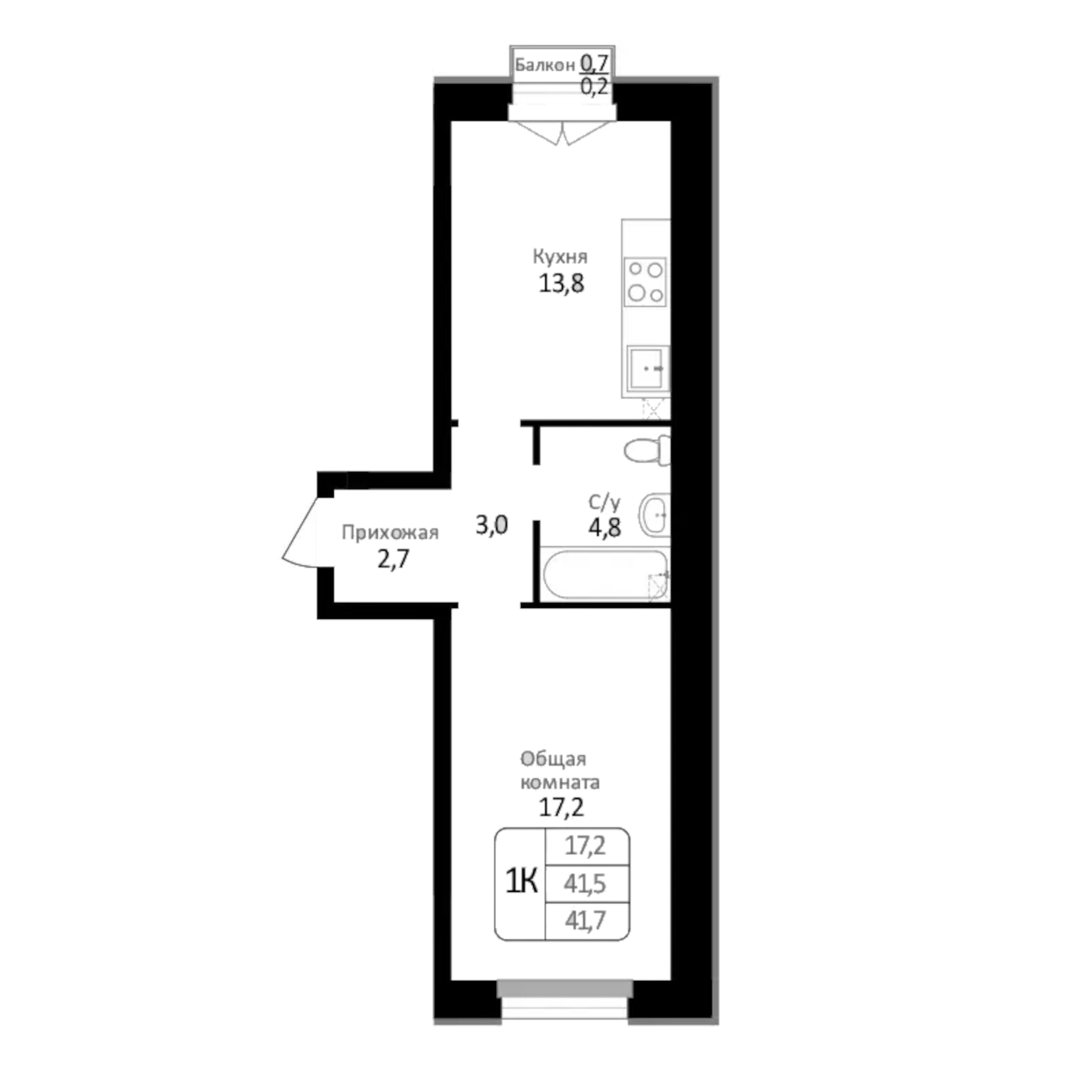 Планировка — Первомайский, 1-комн., 42 м²