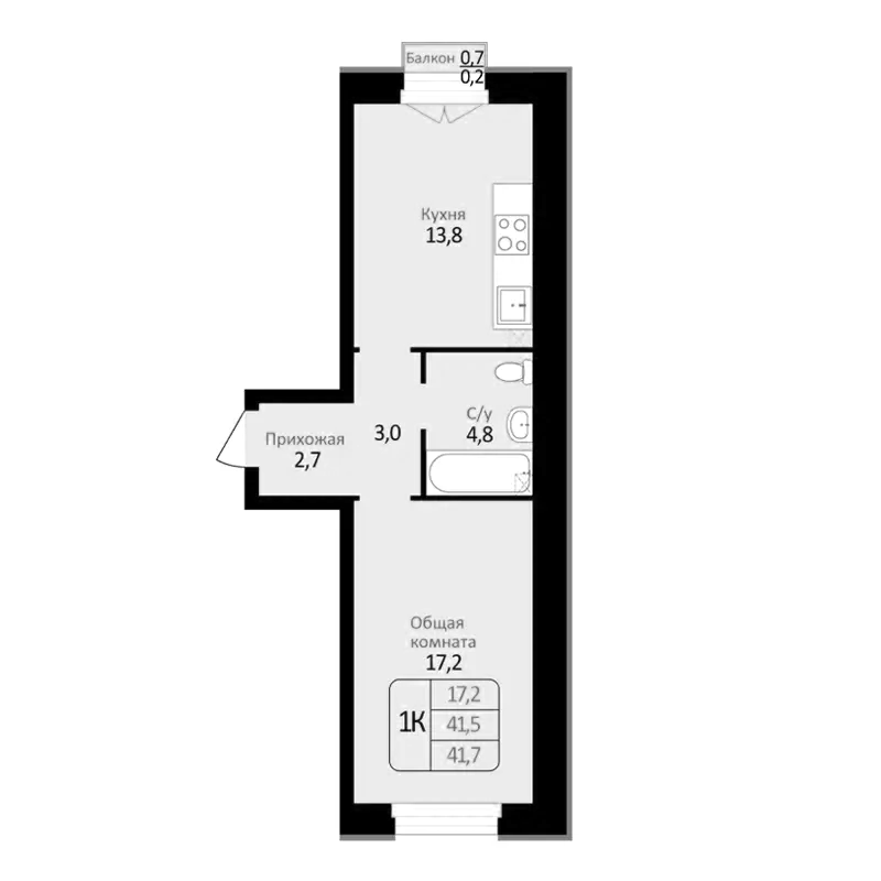 Планировка — Первомайский, 1-комн., 42 м²