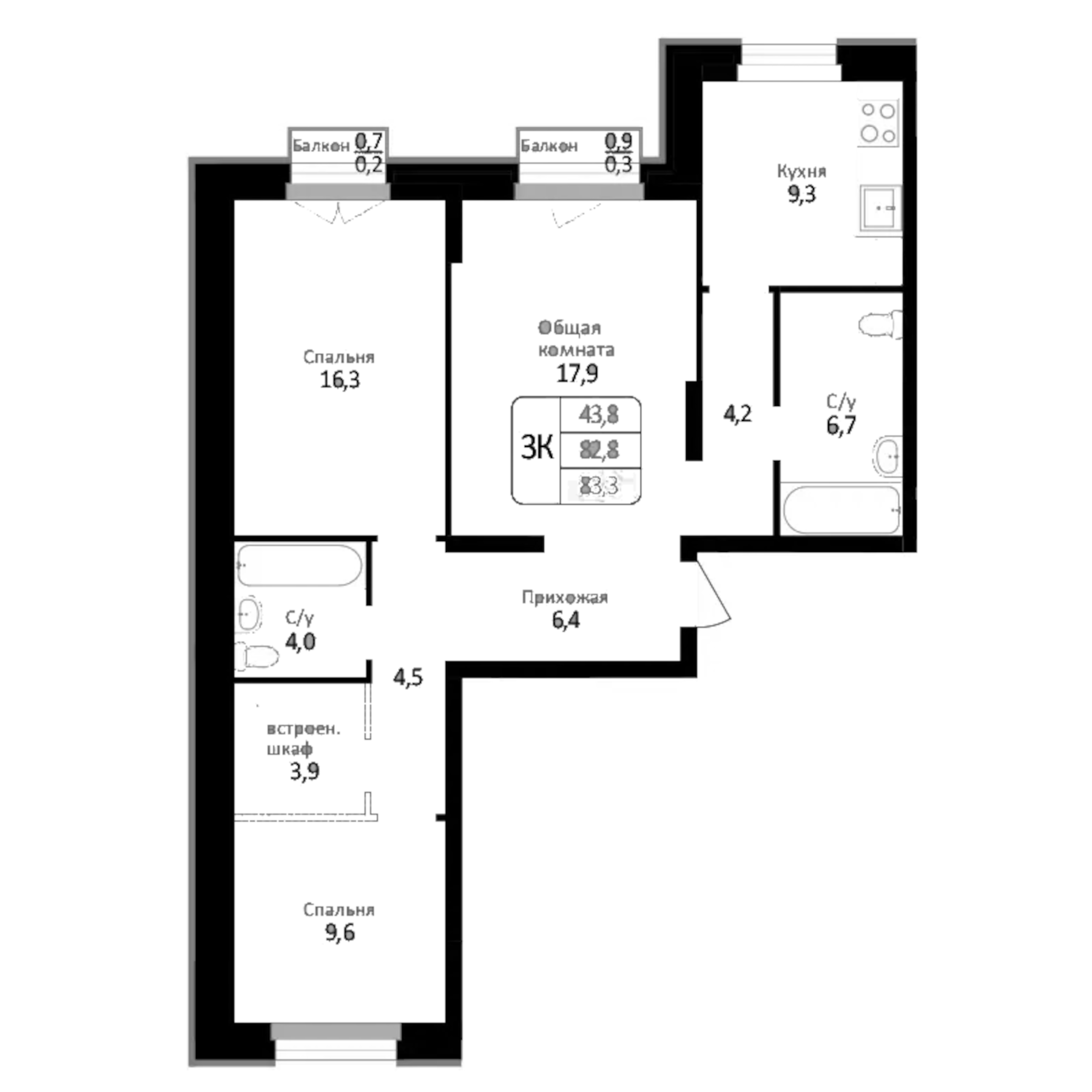 Планировка — Первомайский, 3-комн., 83 м²