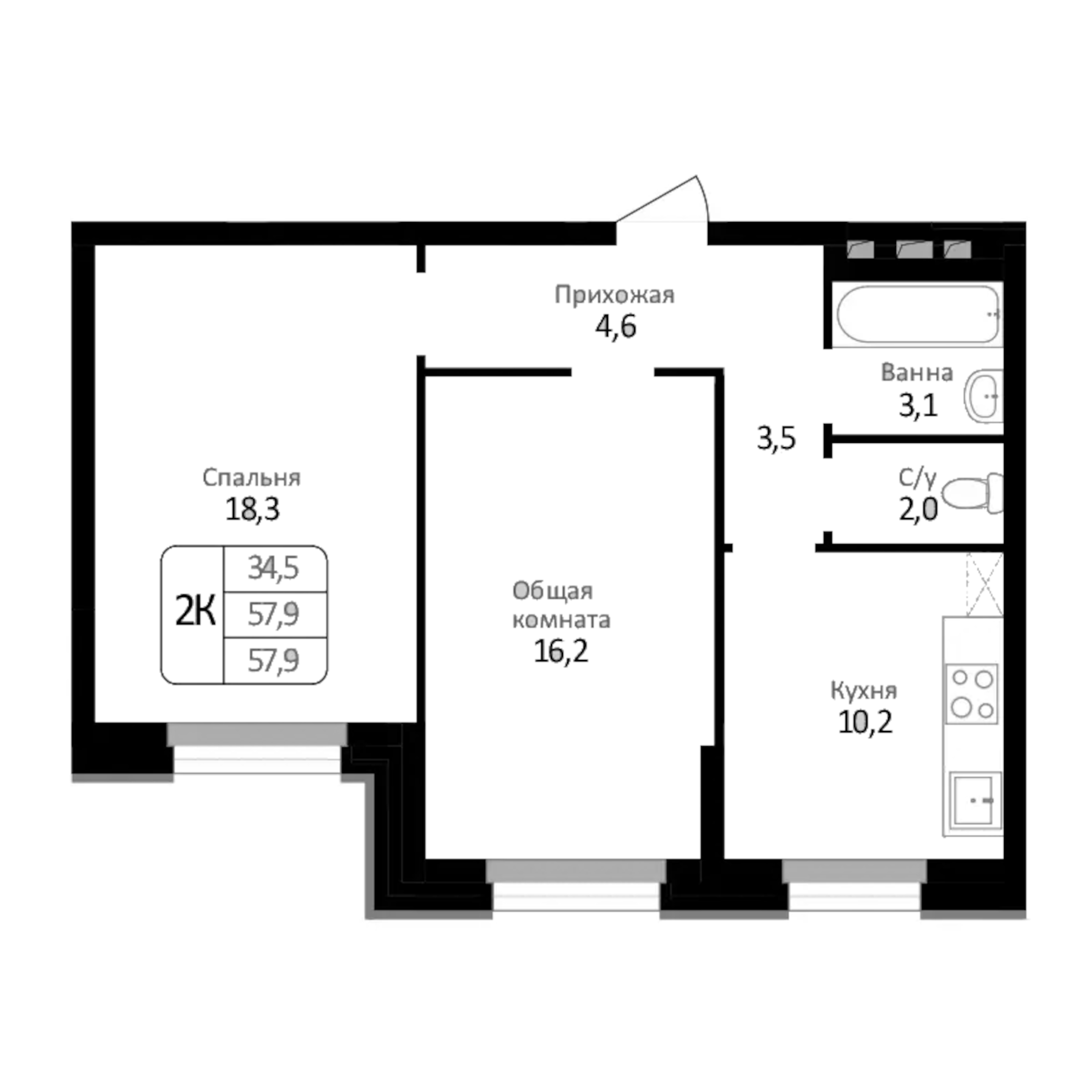 Планировка — Первомайский, 2-комн., 52 м²
