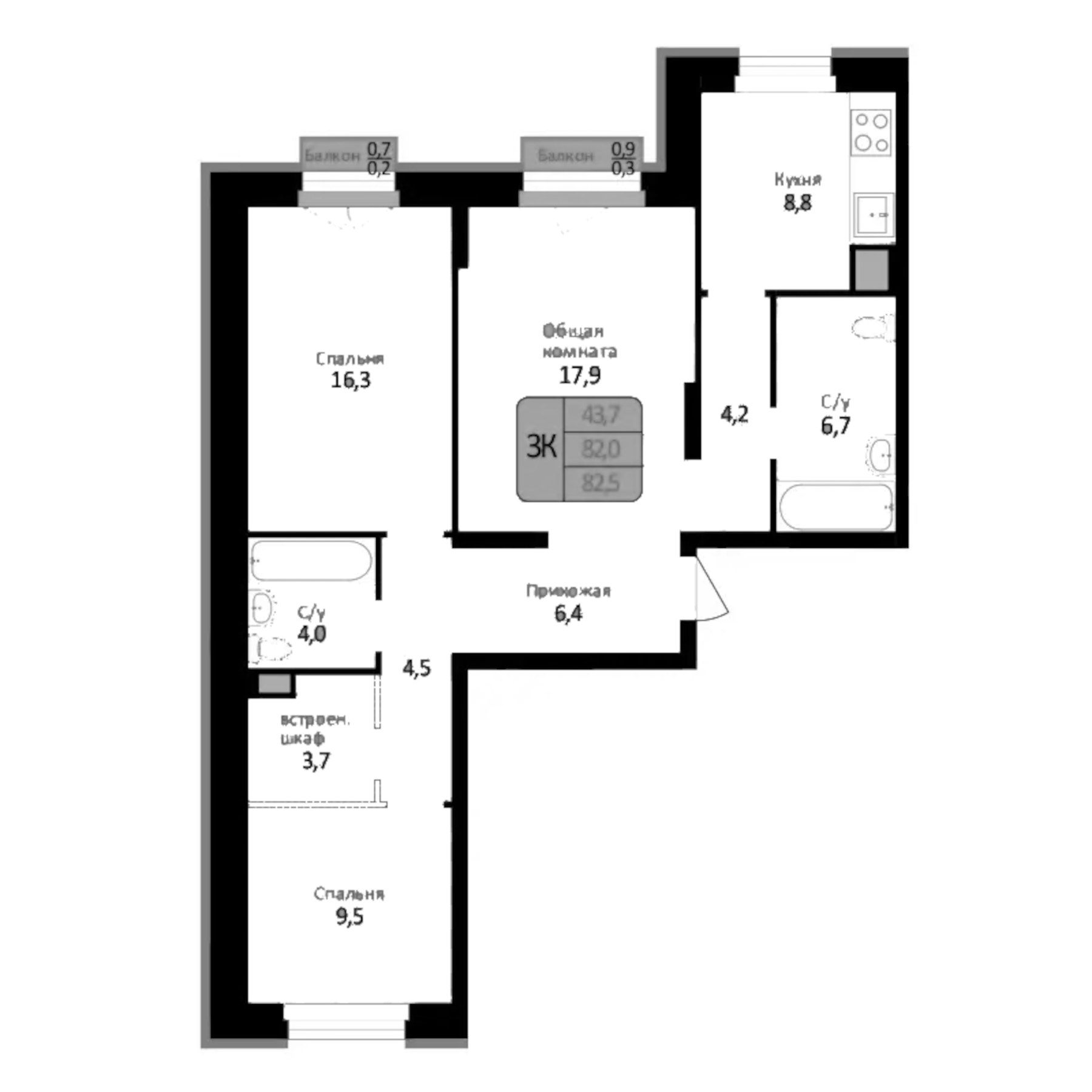 Планировка — Первомайский, 3-комн., 82 м²
