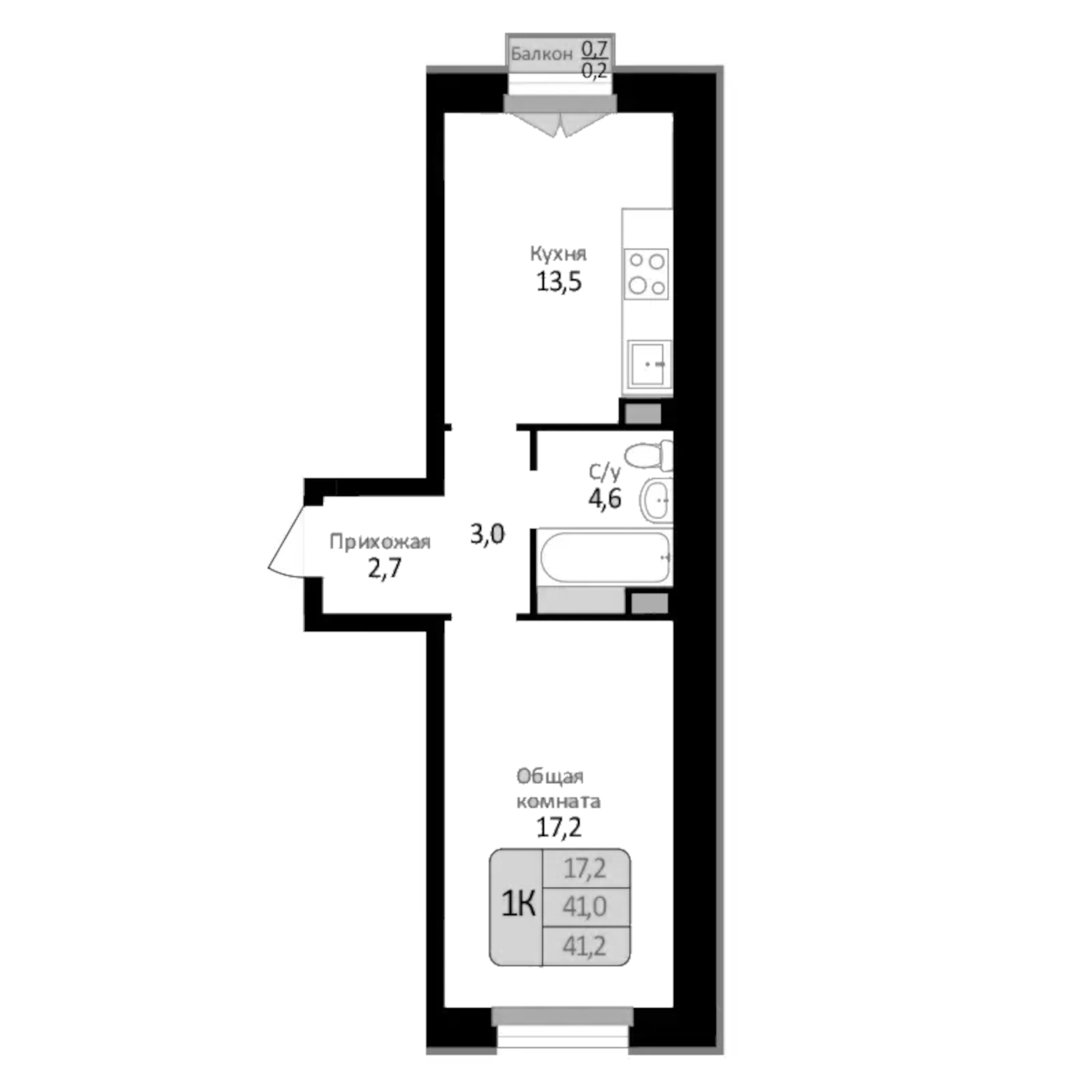 Планировка — Первомайский, 1-комн., 41 м²