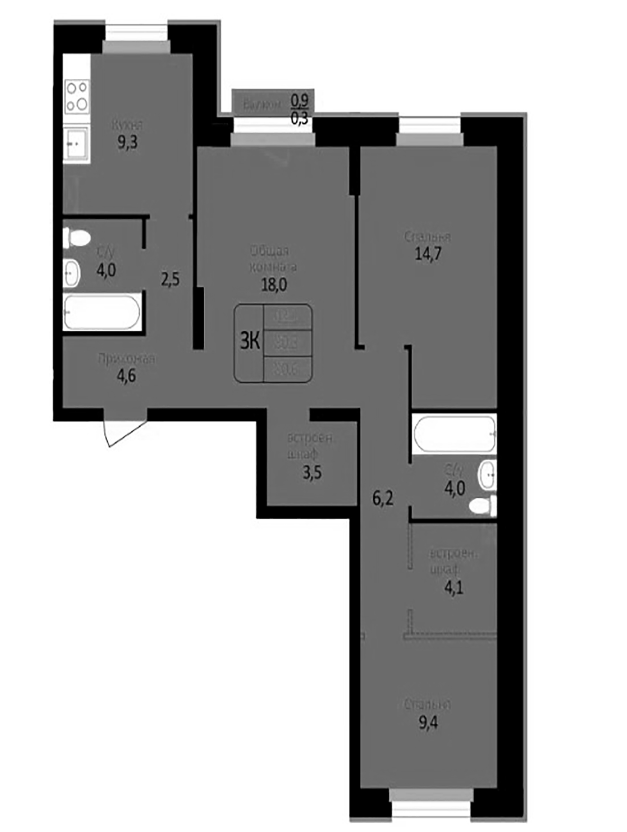 Планировка — Первомайский, 3-комн., 80 м²