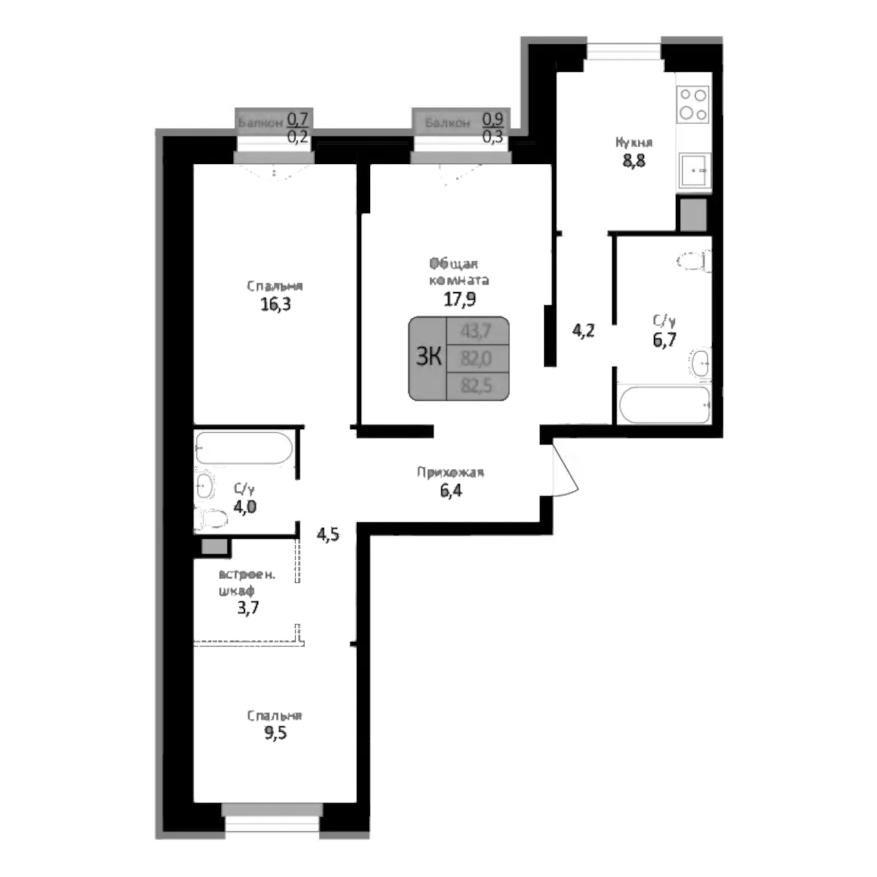 Планировка — Первомайский, 3-комн., 82 м²