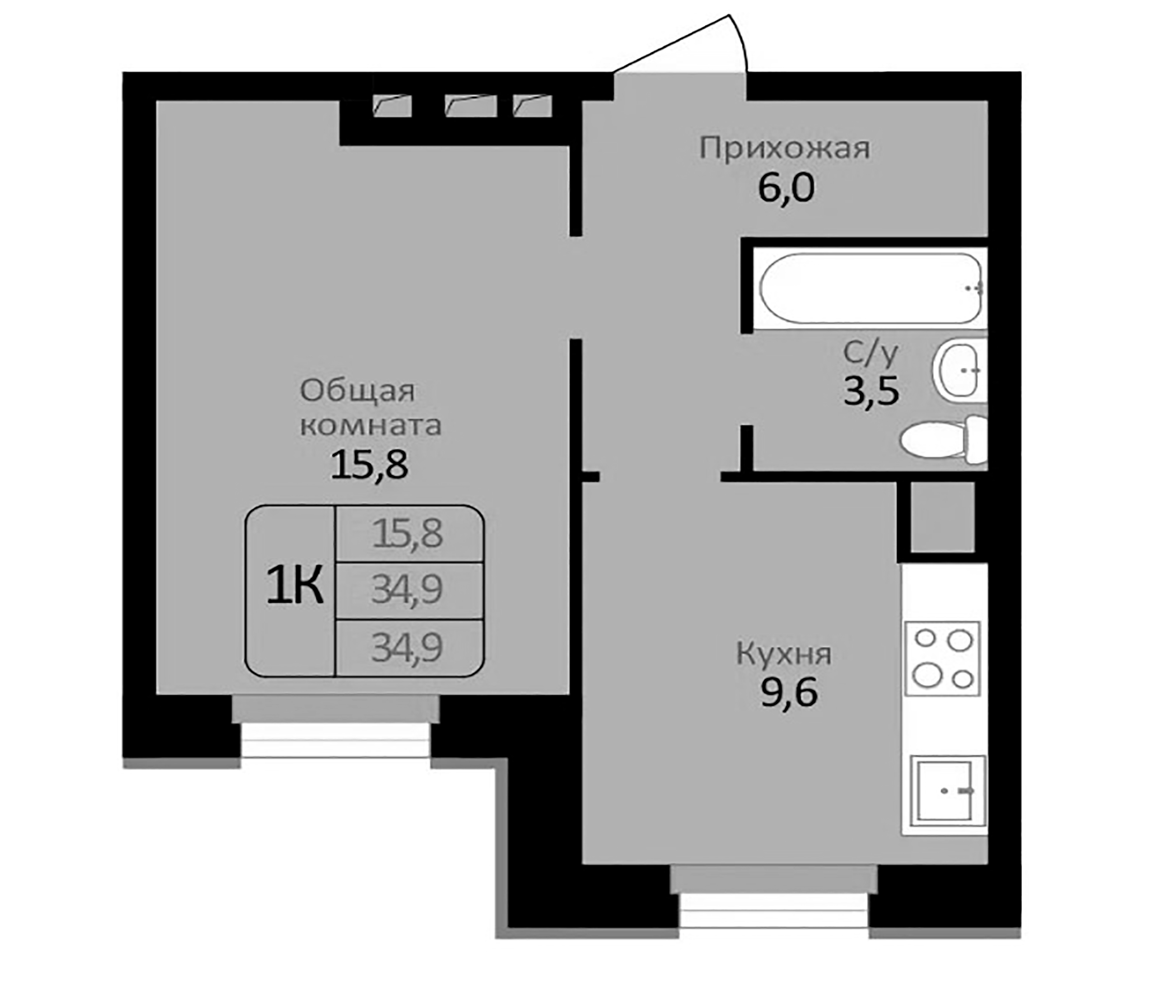 Планировка — Первомайский, 1-комн., 35 м²