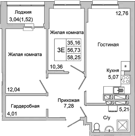 Планировка — Булгаков, 3-комн., 57 м²
