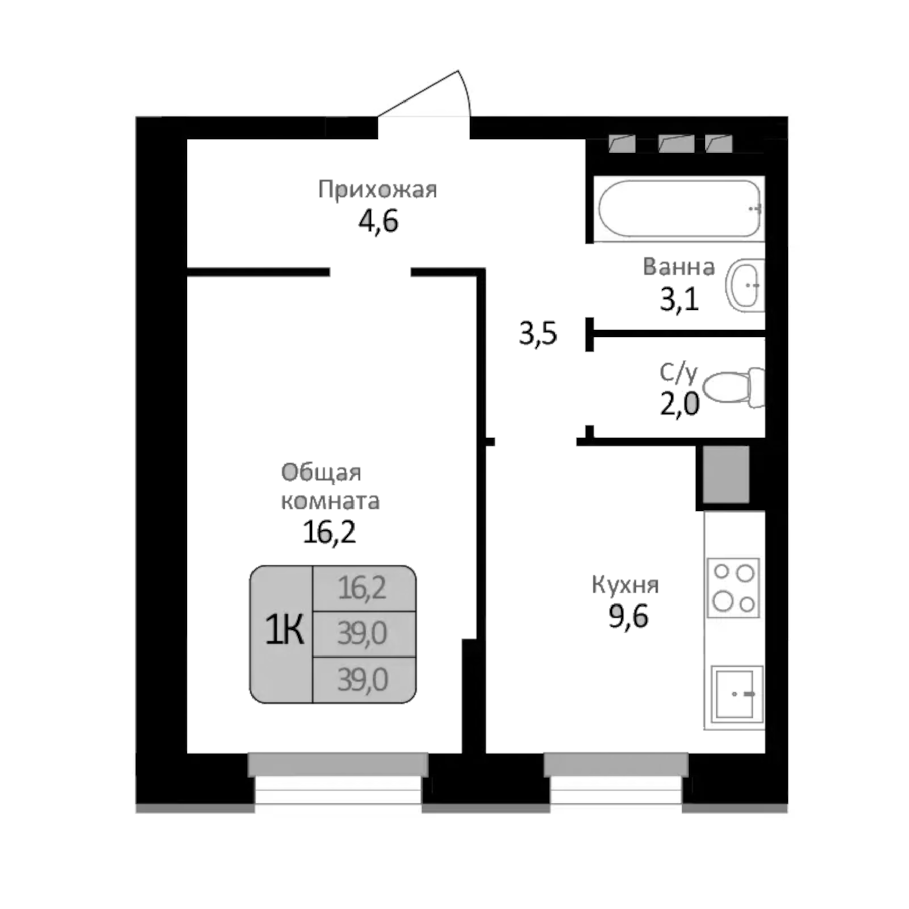 Планировка — Первомайский, 1-комн., 39 м²