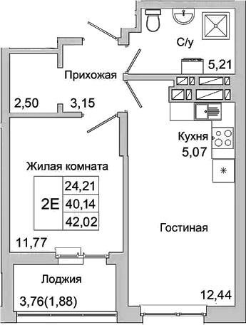 Планировка — Булгаков, 2-комн., 40 м²