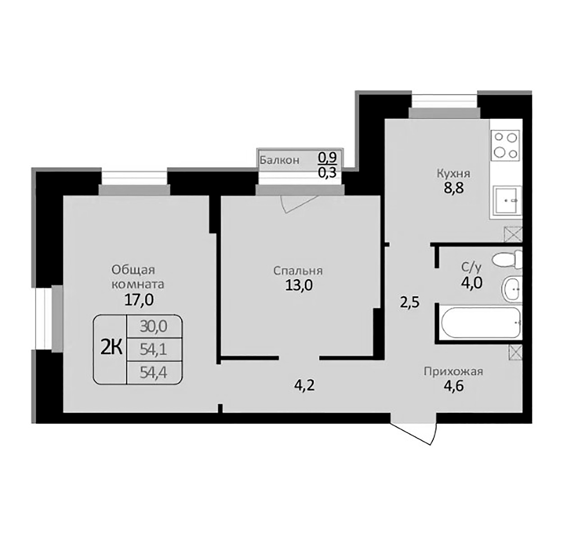 Планировка — Первомайский, 2-комн., 54 м²