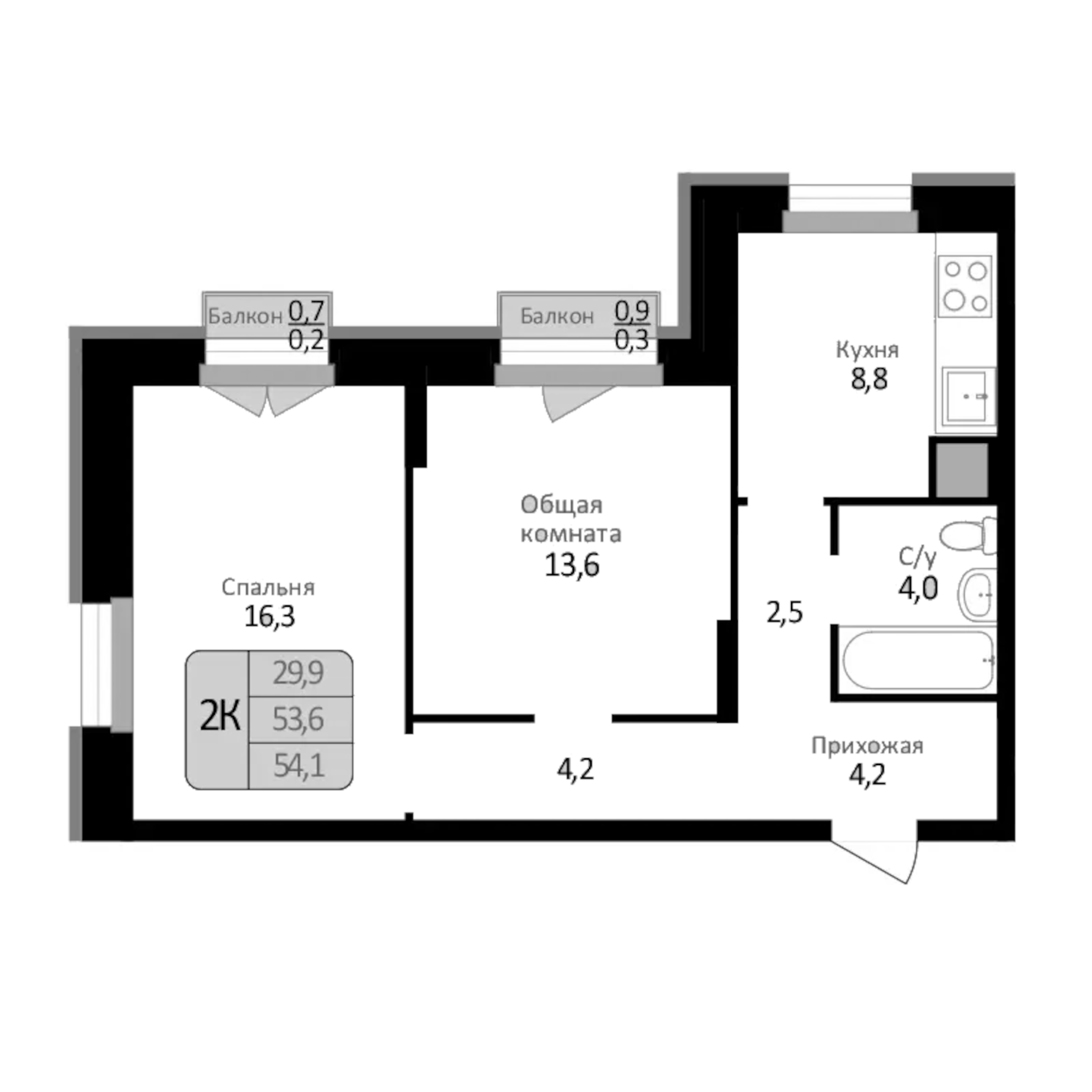 Планировка — Первомайский, 2-комн., 54 м²