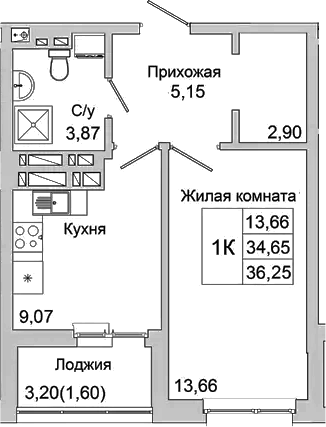 Планировка — Булгаков, 1-комн., 35 м²