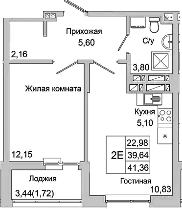 Планировка — Булгаков, 2-комн., 40 м²