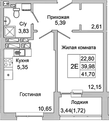 Планировка — Булгаков, 2-комн., 40 м²